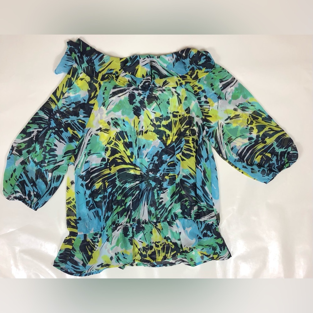 Lane Bryant Sheer Floral Print String Tie, Tier Ruffled Collar Blouse Size 18/20